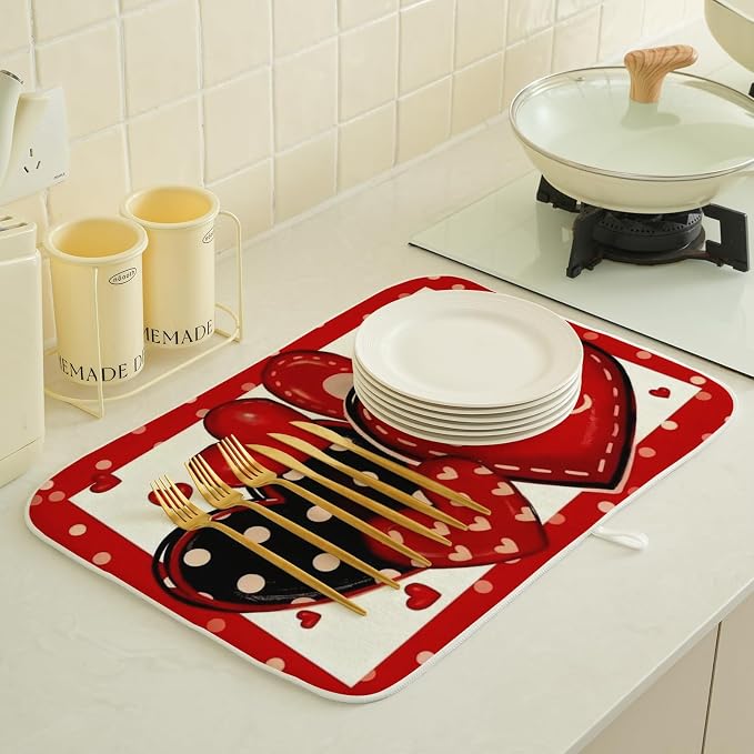 Valentines Dish Drying Mat 18x24 Inch Black Red Hearts Dish Drainer Protector - Image 2
