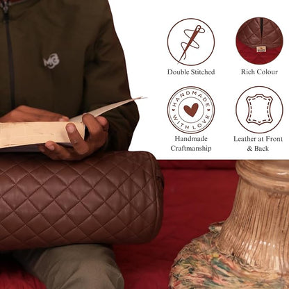 Neck Roll Pillow Cushion Cover, 24x5 Inch Full Moon Round Bolster Pillow Case, Cylinder Soft Lambskin Leather Pillowcase for Head, Spine & Neck Support During Sleep - Quilted Chocolate Brown Pack of 2