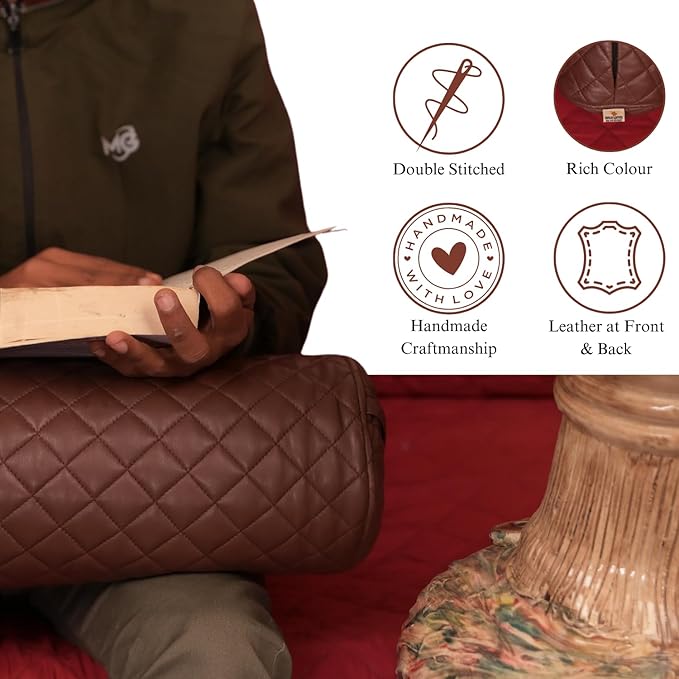 Neck Roll Pillow Cushion Cover, 24x7 Inch Full Moon Round Bolster Pillow Case, Cylinder Soft Lambskin Leather Pillowcase for Head, Spine & Neck Support During Sleep - Quilted Chocolate Brown Pack of 1