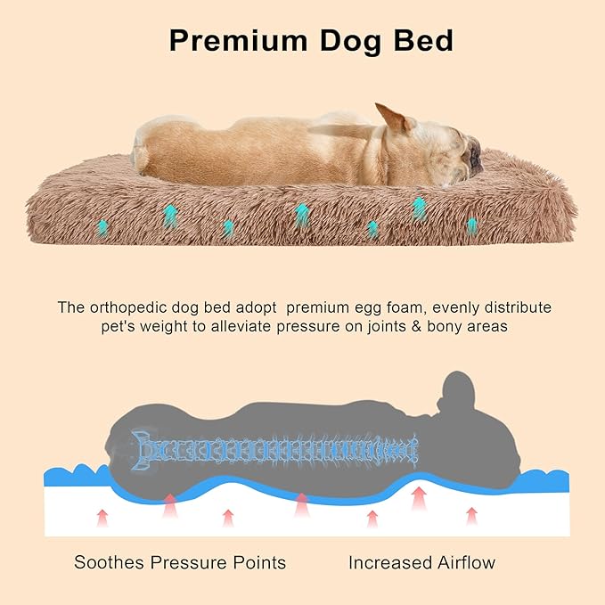 Fluffy Orthopedic Dog Beds for Large Dogs with Washable Removable Cover Dog Crate Bed Egg Crate Foam Support Plush Pet Pad Mat with Anti-Slip Bottom (42 * 28,Khaki)