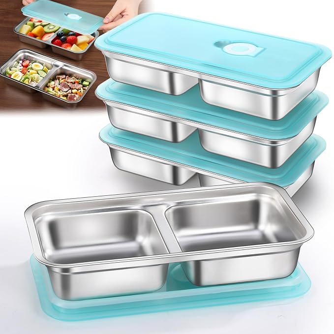 4 Pack Stainless Steel Snack Containers Reusable, Grab and Go 2 Compartment by Tikmos