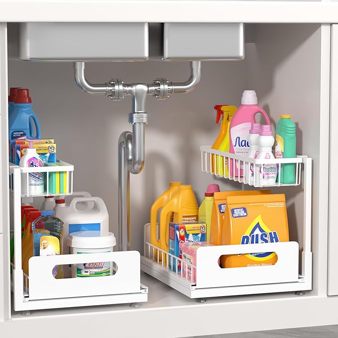 Under Sink Organizer 2 Tier, Pull Out Drawer Slides Under Sink Storage by MERATIA