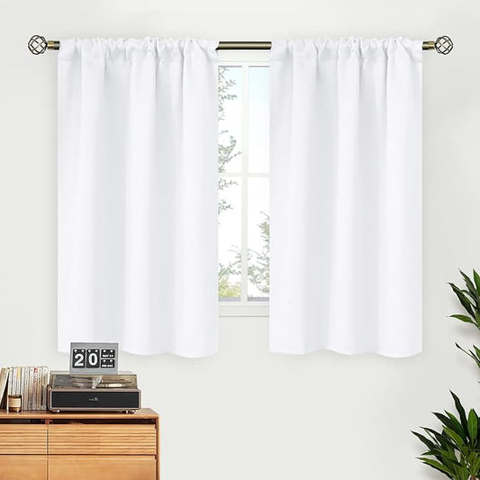 BGment White Curtains 48 Inches Length for Window - Rod Pocket 34 Inch Wide Short Drapes for Bedroom Kitchen Cabinet Cafe Basement Privacy, 2 Panels, 34 x 48 Inch