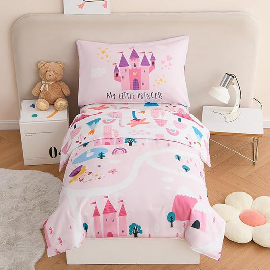 PERFEMET 4 Pcs Twin Bedding Set for Girls Pink Castle Kids Bed in A Bag Comforter Set Ultra Soft Reversible Fairy Tales Themed Bedding Comforter with Sheet Set for All Seasons(Pink, Castle)