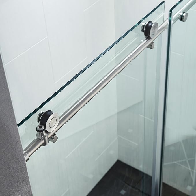 Woodbridge Frameless Single Sliding Shower Doors in Brushed Nickel Finish - Image 12