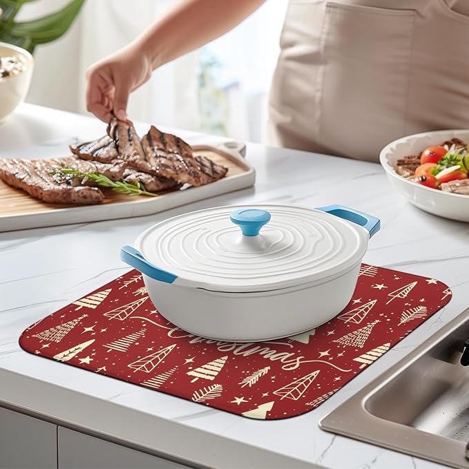 Christmas Kitchen Countertop Dish Drying Mat, Washable Absorbent Countertop - Image 4