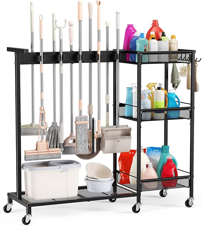 Broom Holder with Cleaning Supplies Organizer, Cleaning Utility Cart on Wheels by Beolisav