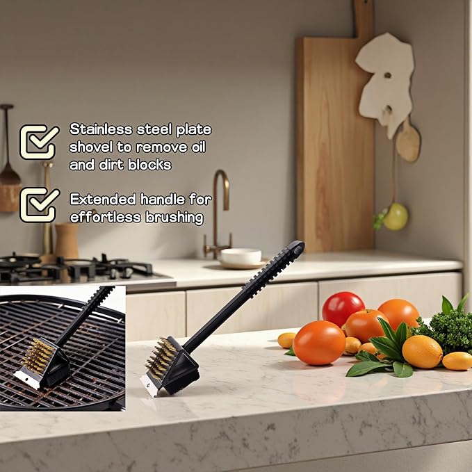 3-in-1 Grill Brush with Scraper & Scrub Pad, 14.5" Long Handle Brass Brush - Image 9