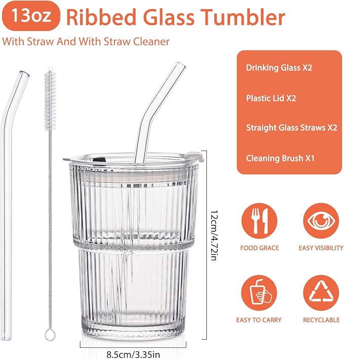 13oz Glass Tumblers with Lids and Straws, Cold Beverages, Includes Cleaning - Image 2