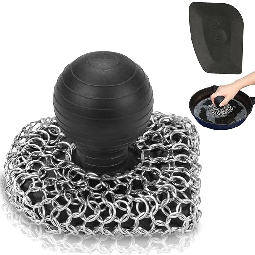 Cast Iron Scrubber with Pan Scraper, 316 Chainmail Scrubber, Upgraded Chain by VinYanKee