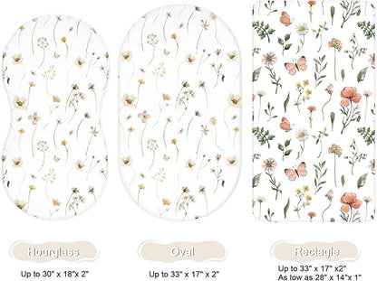Bassinet Sheets for Baby Girls Boys 2 Pack, Fitted Baby Mattress Sheet for Rectangle, Oval, Hourglass Bassinet Mattress, Breathable Cozy & Universal Fit (Butterfly Garden)