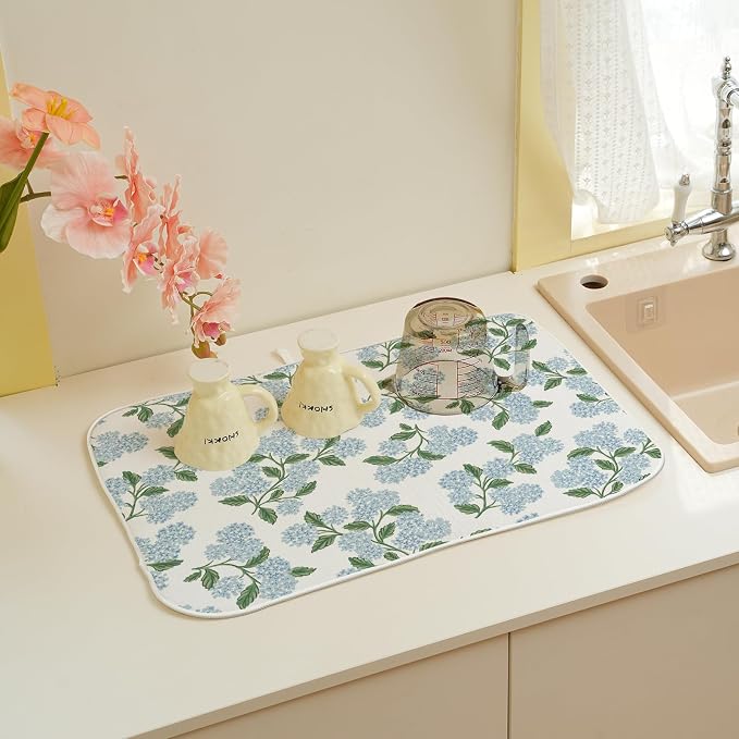 Blue Sage Green Floral Dish Drying Mat 18 x 24 Inch Spring Hydrangea Floral - Image 5