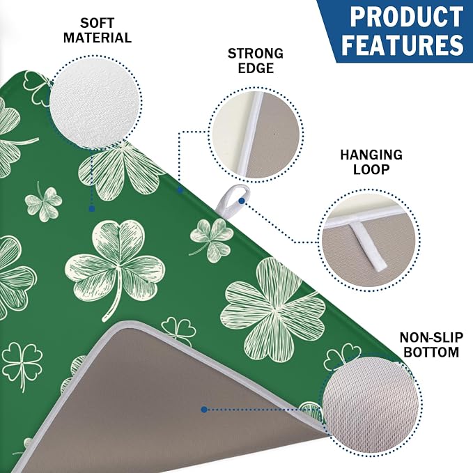 St Patrick's Day Dish Drying Mat 18 x 24 Inch Green Shamrock Dish Drainer Rack - Image 3