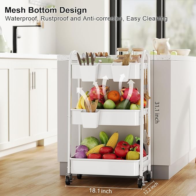 3 Tier Rolling Cart Metal with Wheels, Heavy Duty White Three Tiered Craft Cart - Image 4