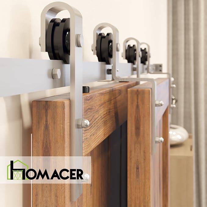 Homacer Brushed Nickel Single Track Bypass Sliding Barn Door Hardware Kit - Image 6
