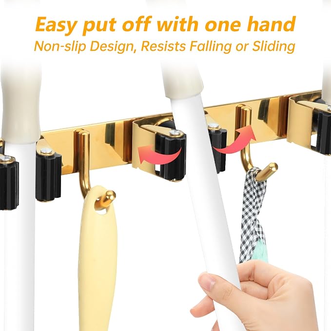 3 Racks and 4 Heavy Duty Hooks Mop and Broom Holder Wall Mount, Non-slip - Image 4