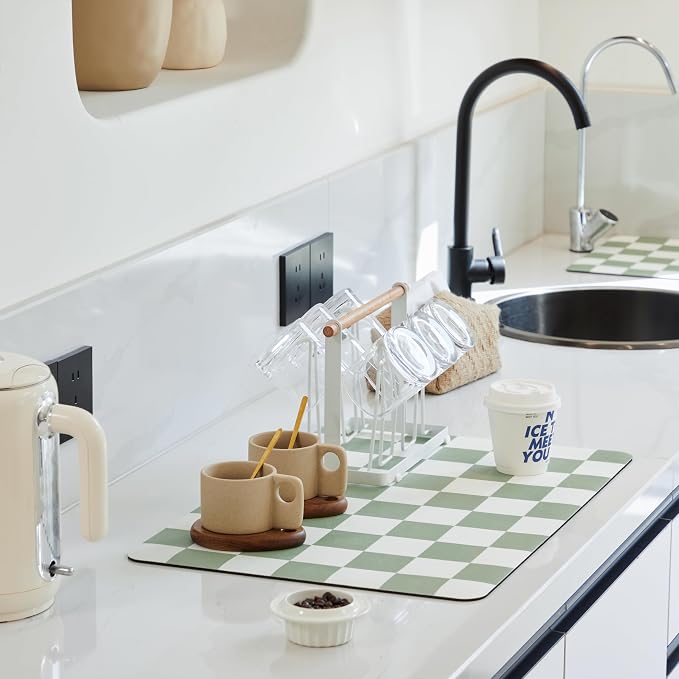 Checkered Dish Drying Mat for Kitchen Counter, Coffee Bar Station Accessories by Ohocut