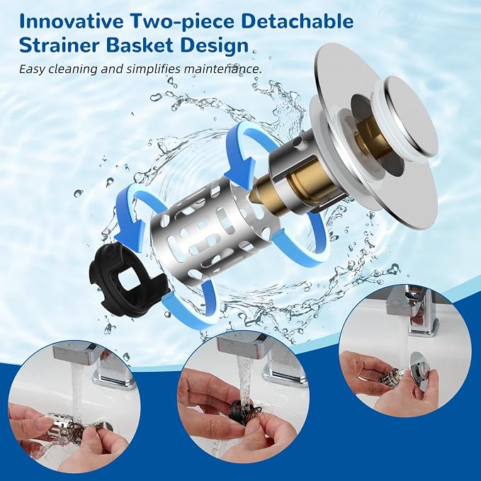 Hibbent 4 Pack Upgraded 3 in 1 Bathroom Sink Drain Strainer, Universal Pop Up - Image 4
