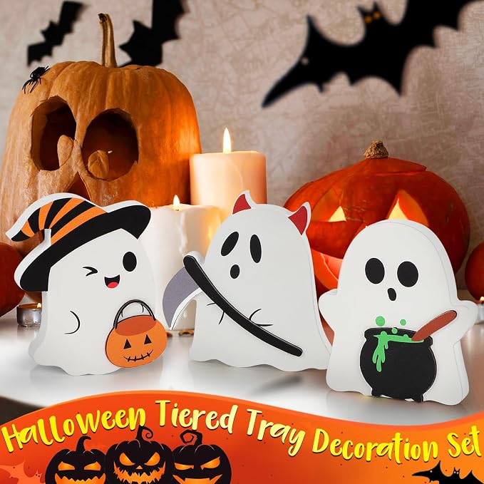 COCHIE Cute Ghost Halloween Decorations Indoor, Wooden Tiered Tray Decor Table - Image 5