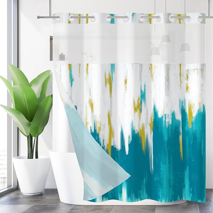 No Hook Shower Curtain with Snap in Liner, Hotel Style Teal Blue White Gold by Caheansi