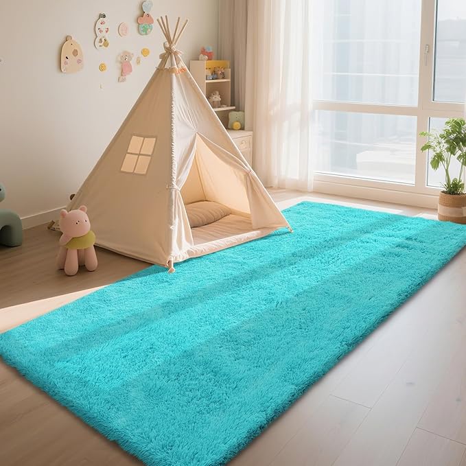 Teal Blue Rug Fluffy Rugs, 3x7 Teal Area Rugs for Bedroom, Soft Cute Baby Play Mat, Indoor Floor Carpet for Teen, Nursery, Preppy Dorm, Plush Aesthetic Bedside Rug
