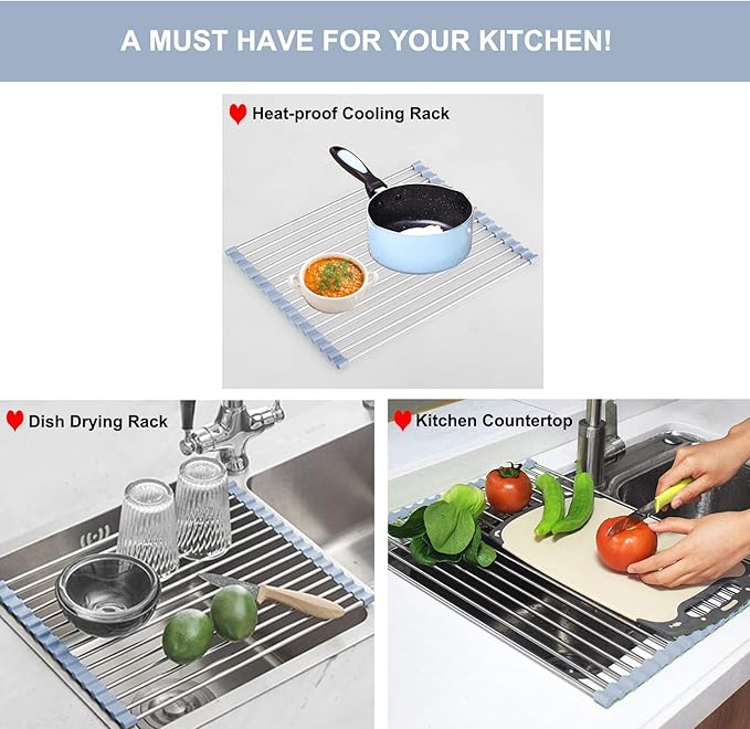 MECHEER Over The Sink Dish Drying Rack, Stainless Steel Roll Up Dish Drying - Image 5