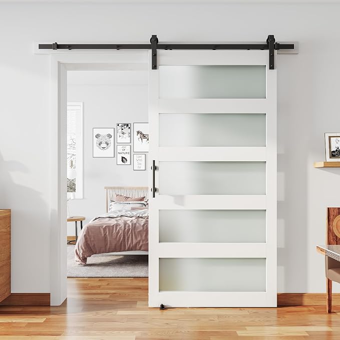 42'' x 84'' Glass Barn Door and 7 Ft Hardware Kit Included, MDF White Barn Door by ALAMEDADT