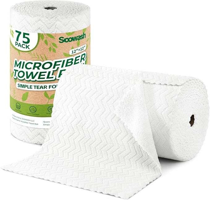 Microfiber Cleaning Cloths Roll, 75 Pack Tear Away Microfiber Towels Roll by SOOWASH