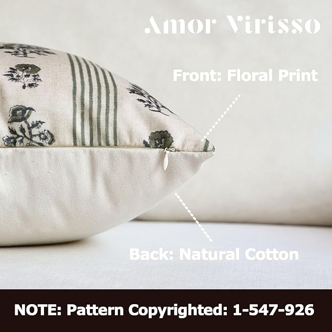 Amor Virisso Floral Throw Pillow Covers 18x18 Set of 2 Block Print Pillow Covers Neutral Floral Striped Farmhouse Decorative Pillow Covers for Sofa Couch Bed, Dusty Green