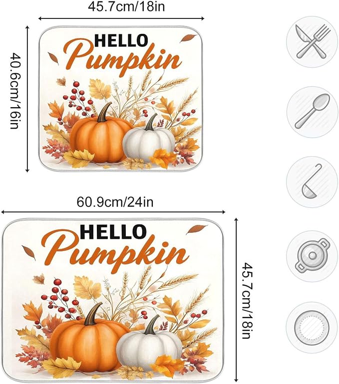 Hello Pumpkin Dish Drying Mat for Kitchen Countertop 18x24 Fall Harvest Leaves - Image 3