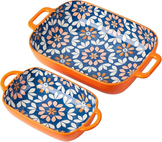 ONCCI Ceramic Baking Dish Set, 2-Piece Hand-painted Porcelain Rectangular by ONECCI