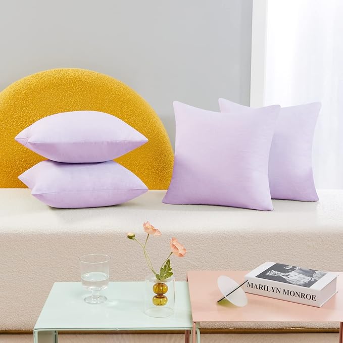 Deconovo Decorative Throw Pillow Covers - Set of 4 Soft Linen Cushion Covers, 18x18 Inch, Green & Machine Washable Pillowcases for Sofa, Bedroom, Living Room Décor,Pastel Purple,COVERS ONLY No Inserts