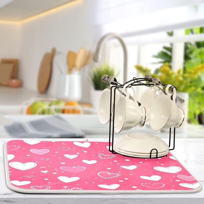 Hot Pink Love Dish Drying Mat for Kitchen Countertop 16x18 Happy Valentine’s - Image 5