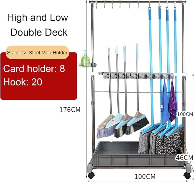 Movable Commercial Mop Rack, Floor Standing Cleaning Tool Cart Storage - Image 2