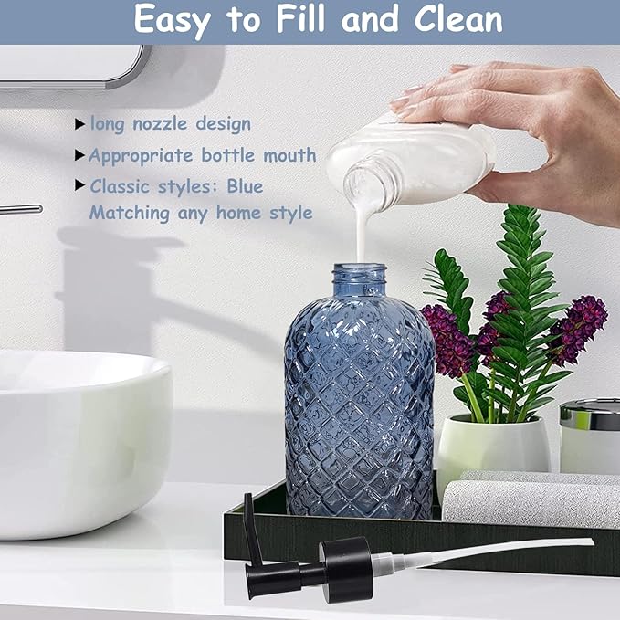 Blue Glass Dish Soap Dispenser for Kitchen, 12oz Refillable Liquid Hand Soap - Image 3