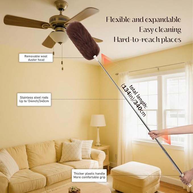 Extendable Lambswool Duster Stainless Steel Handle 133" Removable Feather Duster - Image 6