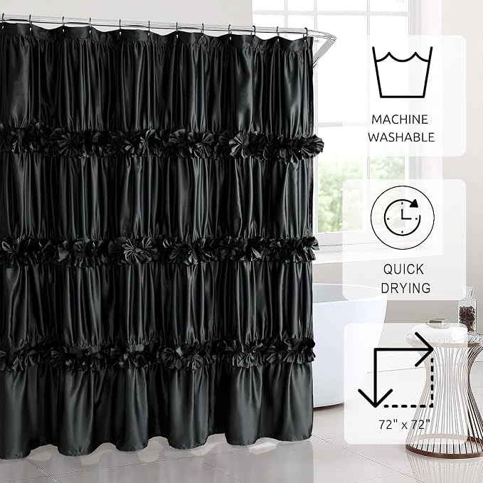 Black Ruffle Shower Curtain, Vintage Handcrafted Bow Tie Bath Curtain - Image 4