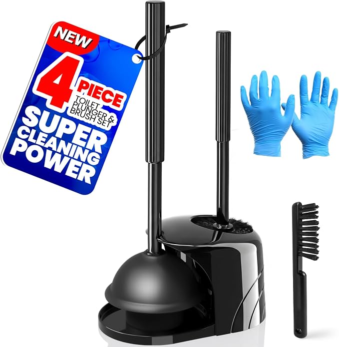 4-Piece Toilet Brush and Plunger Set, Extended Handle Plunger, Toilet Bowl by Unknown