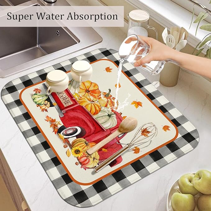 Fall Dish Drying Mat for Kitchen Counter, Autumn Buffalo Plaid Truck Pumpkin - Image 5
