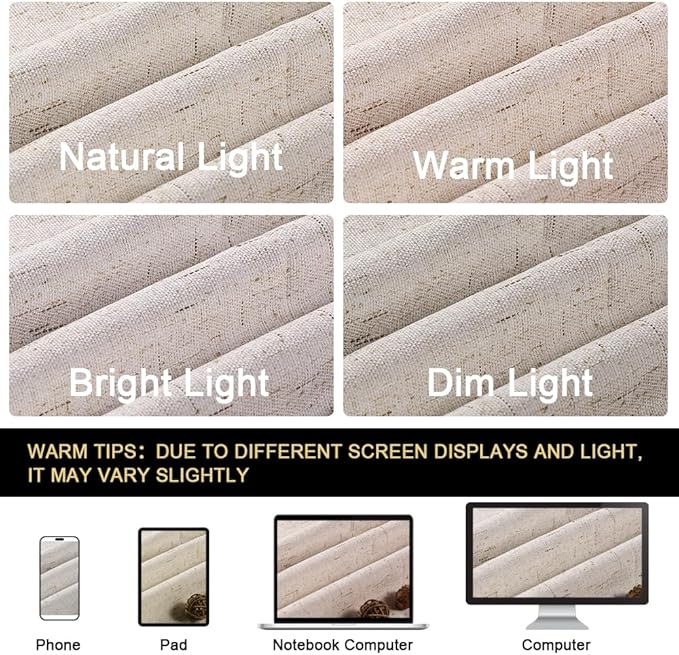PrinceDeco Natural Linen Curtains 100% Blackout Linen Curtains for Bedroom Full Blackout Curtains 84 Inches Long Living Room Thermal Insulated Light Blocking Curtain Drapes White Backing, 2 Panels