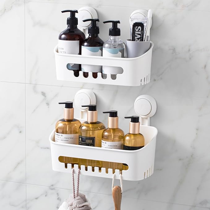 LEVERLOC Shower Caddy Suction Cup Shower Shelves Basket Pack of 2 One Second by LEVERLOC