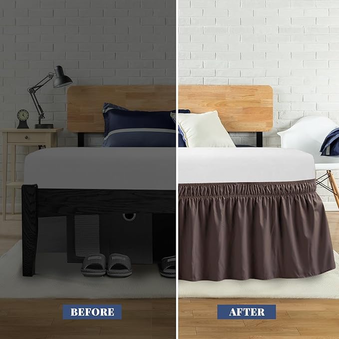 Twin Bed Skirt, Elastic Wrap Around Bed Skirt Twin Size, Bed Skirts for Adjustable Bed, Easy Fit with 14" Drop Length Tailored Drop Dust Ruffle (Brwon)