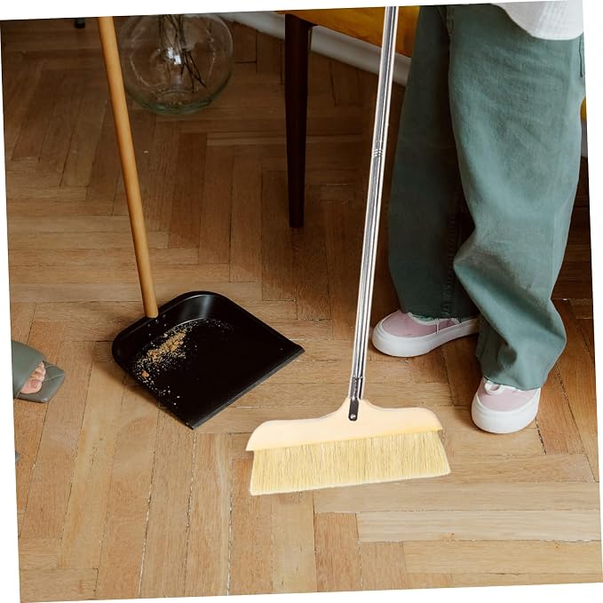 Natural Bristle Broom Soft Floor Brush Stainless Steel Pole Home Cleaning Tool - Image 2