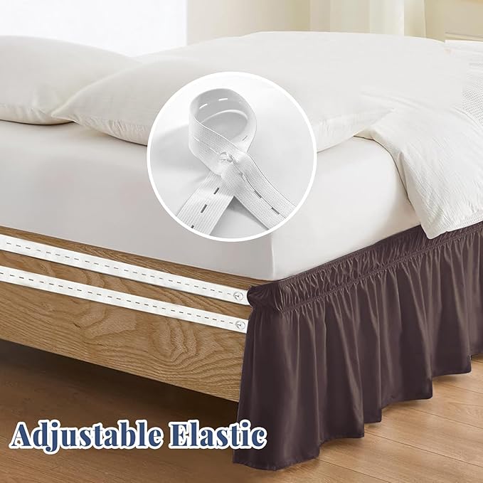 Twin Bed Skirt, Elastic Wrap Around Bed Skirt Twin Size, Bed Skirts for Adjustable Bed, Easy Fit with 14" Drop Length Tailored Drop Dust Ruffle (Brwon)