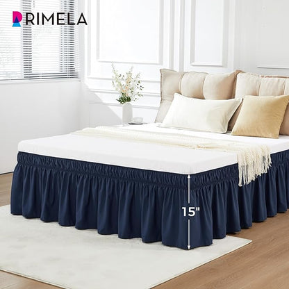 RIMELA Navy Blue Bed Skirt King Size 15 Inch Drop, Elastic Bed Skirting for Bed Base and Frame, Bedding Dust Ruffle Easy to Install, Lightweight Wrap Around Adjustable Bedskirt