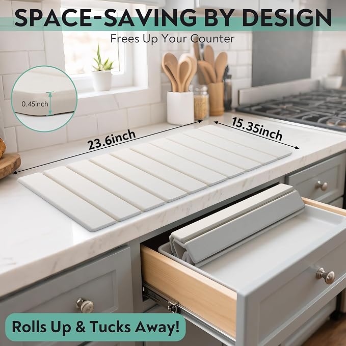 Large Stone Drying Mat for Kitchen Counter, 24x16 Foldable Self Stone Dish - Image 2