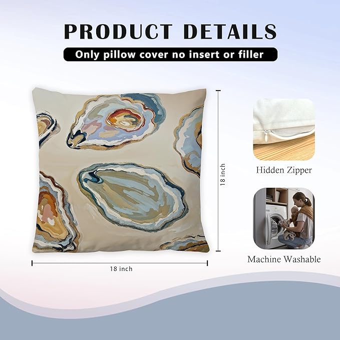 Abstract Oyster Coastal Beach Pillow Covers 18x18 Set of 2, Beachy Room Decor Aesthetic, Retro Coastal Ocean Oyster Shell Decorative Lumbar Pillow Covers for Home Bedroom Living Room