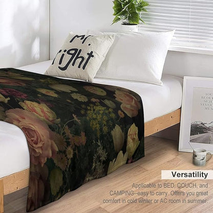 Black Floral Blanket, Rustic Watercolor Botanical Rose Peony Vintage Leaves Plant Boho Gothic Print Throw Blankets for Bed Living Room Bedding Couch Soft Decor, 30"x40"