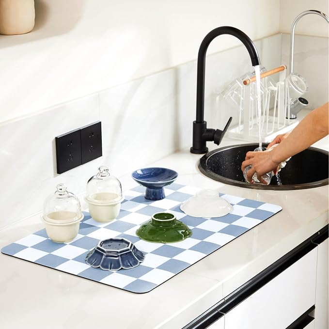 Checkered Dish Drying Mat for Kitchen Counter, Coffee Bar, Coffee Station - Image 2
