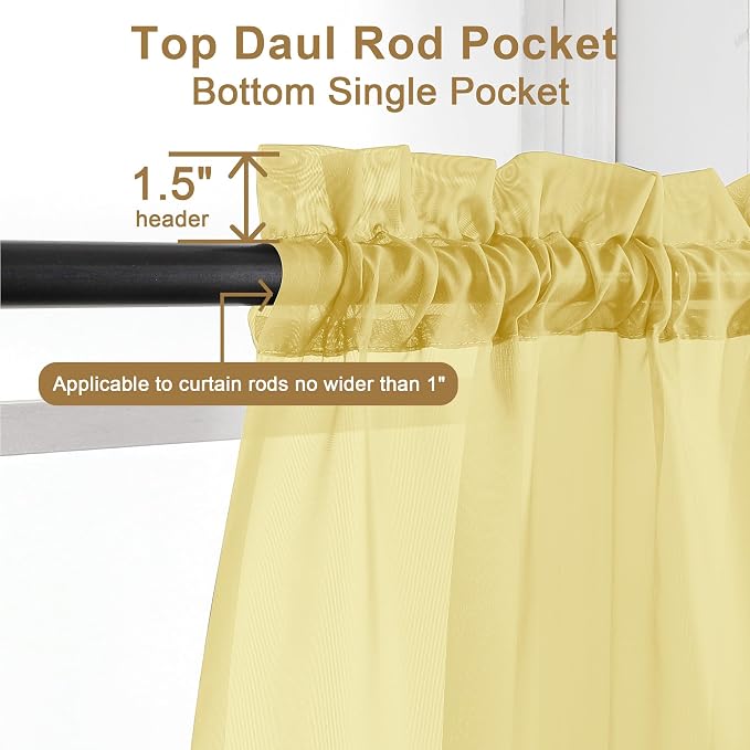 Chyhomenyc Sheer Yellow Curtains 90 inches Long 2 Panels, Light Filtering Soft - Image 2